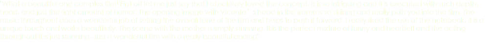 "What a beautiful and complex film! First off let me just say that I absolutely loved the concept. It is so intriguing and it is executed with such depth, heart, and just the right amount of humor. The opening image with Vicente’s head in the frame is so striking and really pulls you into the film. The music throughout does a wonderful job of setting the overall tone of the film and helps to push it forward. I really liked the use of the notebook, it is a unique touch and works beautifully. The scene with the mother is simply stunning. It is the perfect mixture of funny and heartfelt and the acting throughout it is just stunning. Just a wonderful film with a really beautiful ending". 